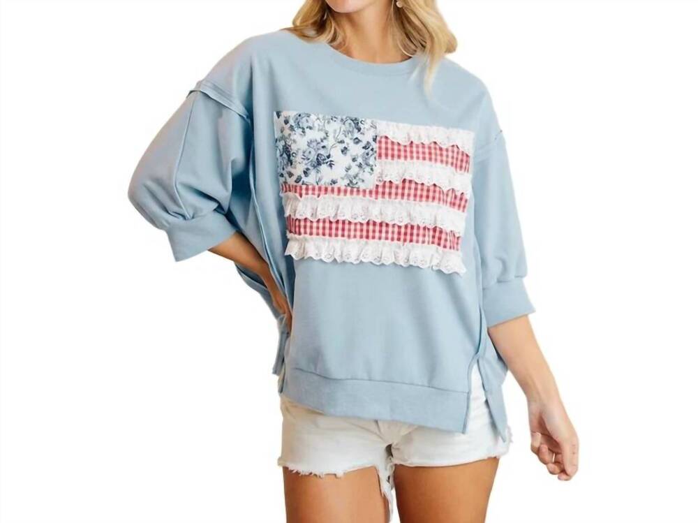 NEW BIBI americana patchwork french terry top in blue
